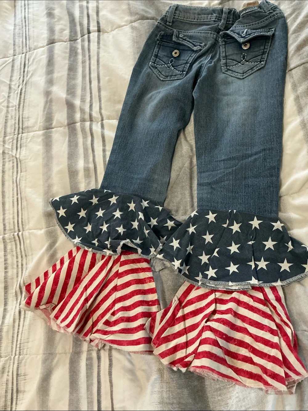 Kids Distressed Denim Ruffle Jeans with Stars & Stripes Trim
